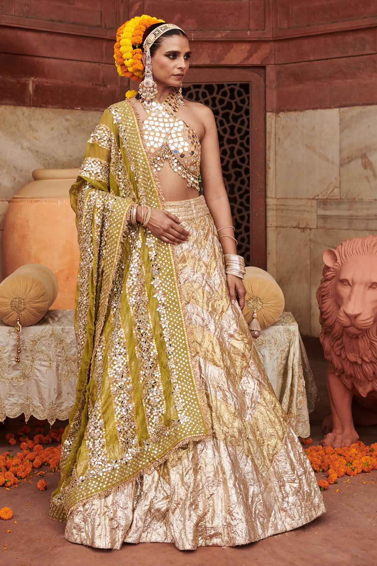 Buy ITRH, Designer Gold Halter Neck Lehenga Set Online